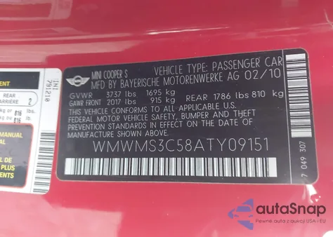 2010 Mini Cooper S from USA, damaged, VIN WMWMS3C58ATY09151